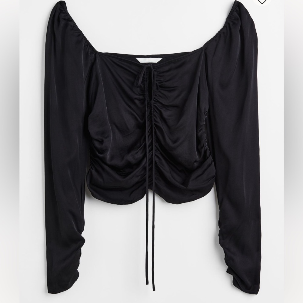 NWT H&M draped adjustable blouse in satin looking black, Sz. Medium.